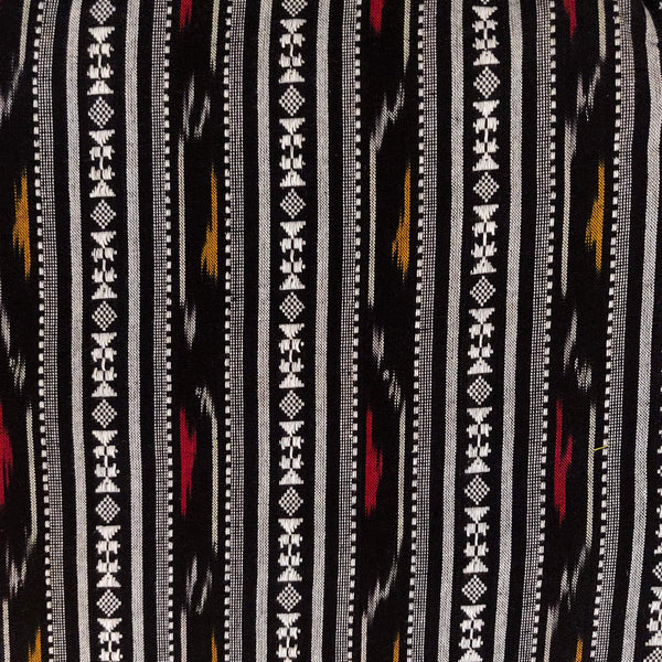 Pre-cut 1.70 meter Pure Cotton Black Double Ikkat With Grey Intricate Stripes Hand Woven Fabric