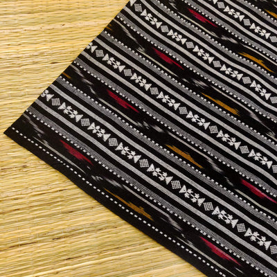 Pure Cotton Black Double Ikkat With Grey Intricate Stripes Hand Woven Fabric