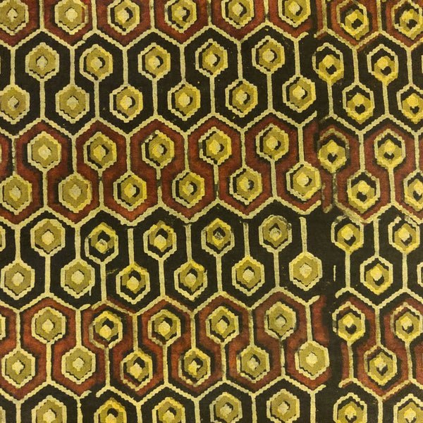 Pure Cotton Greenish Mustard Ajrak With Black And Maroon Honeycomb Hand Block Print Blouse Piece Fabric ( 80 cms)