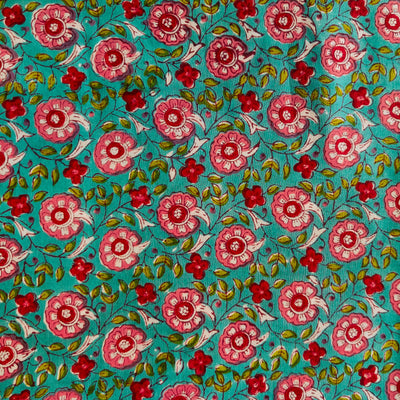 Pure Cotton Jaipuri Light Blue With Pink And Red Flower Jaal Hand Block Print Fabric
