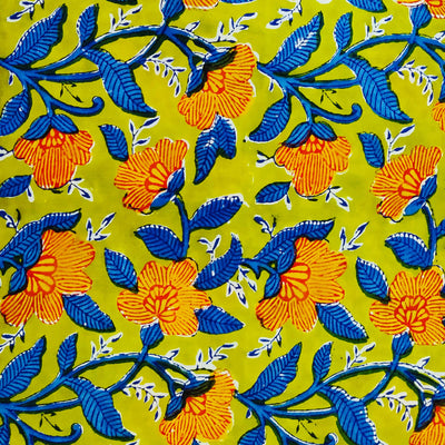 Pure Cotton Jaipuri Light Green With Orange And Blue Jaal Hand Block Print Fabric
