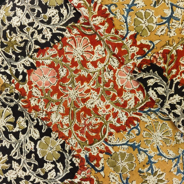 Pure Cotton Kalamkari With Black Mustard And Maroon Jaal Hand Block Print Fabric