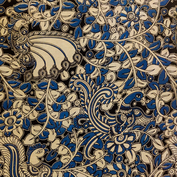 Pure Cotton Kalamkari With Midnight Blue Peacock Hand Bock Print Fabric