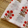 Pure Cotton Mughal White With Spaced Out Five Orange Flower Plant Hand Block Print Fabric