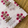 Pure Cotton Mughal White With Spaced Out Five Pink Flower Plant Hand Block Print Fabric