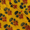 Pure Cotton Yellow Ajrak With Three Green Flower Plant Hand Block Print Fabric