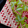 Pure Jaipuri Cotton Green With Jaal Hand Block Print Fabric With White And Red Tiny Cube Hand Block Print Bottom Fabric