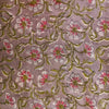 Pure Jaipuri Cotton Light Grey With Green And Pink Flower Jaal Hand Block Print Fabric