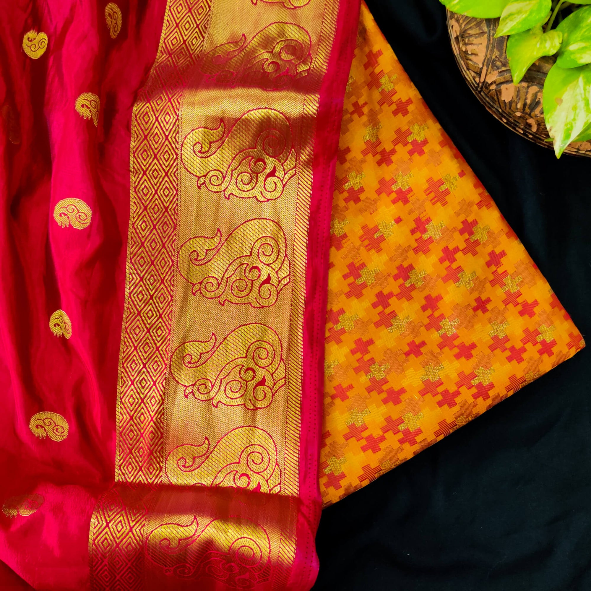 Buy Rust Orange Golden Chanderi Kurti with Rust Silk Pants & Banarasi  Dupatta Kurti Set - Kurti Sets Online in India | Colorauction