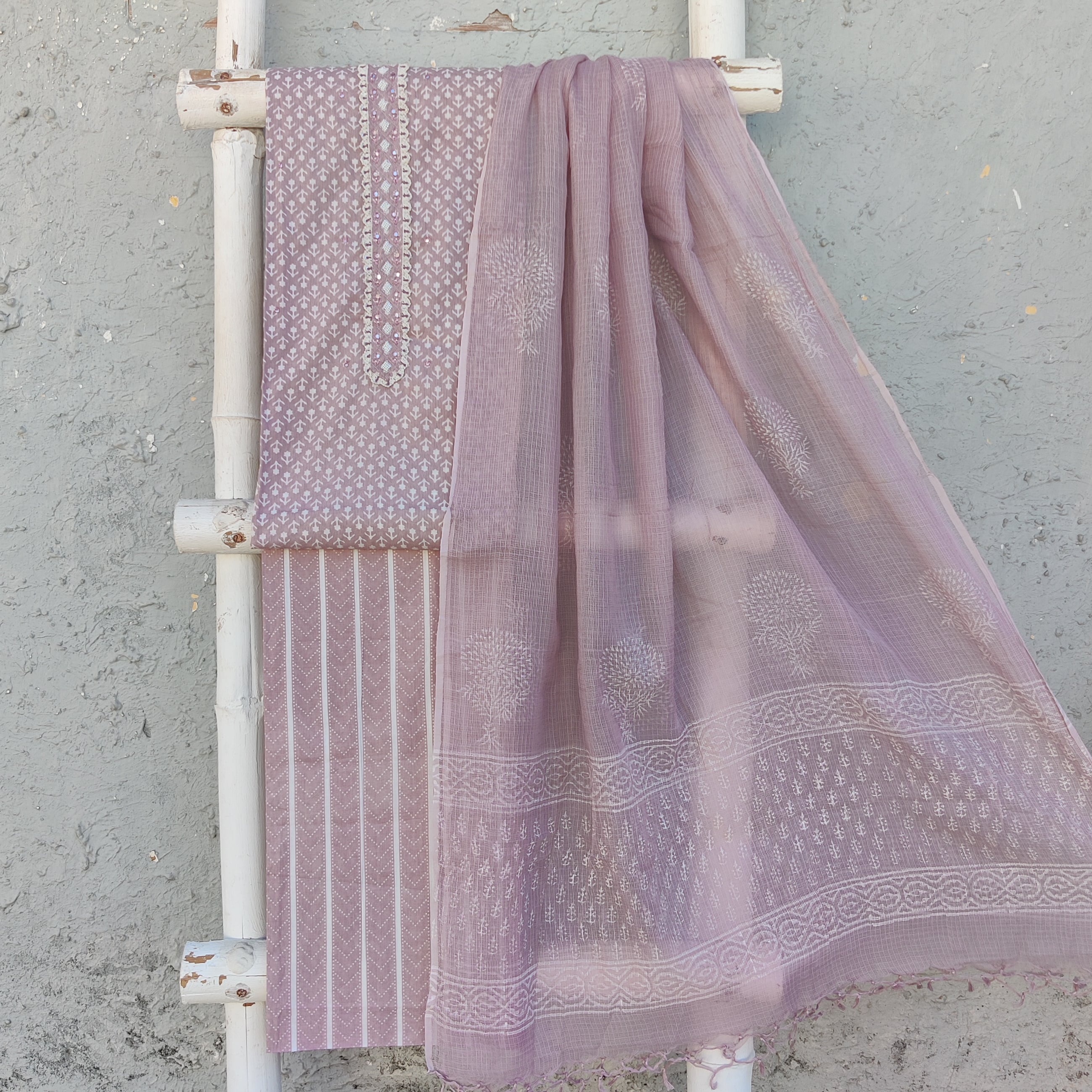 RANI - Pure Cotton Mauve Top Fabric With Pure Cotton Printed Stripes B ...
