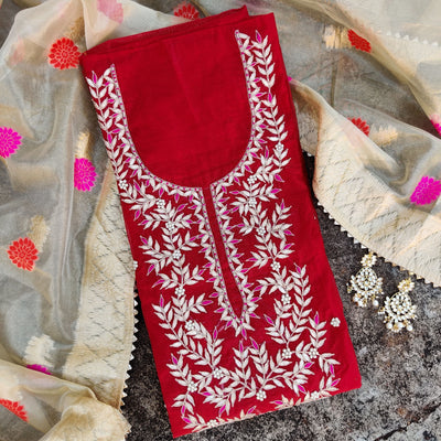 RANISA- Red Beauty Jaal Embroidered Top Fabric With A Rayon Bottom And A Beautiful Beige Banarasi Dupatta