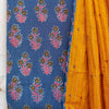 ROOP - Pure Cotton Blue Kaatha Top Fabric With Mustard Plain Bottom And Mustard Kaatha Dupatta