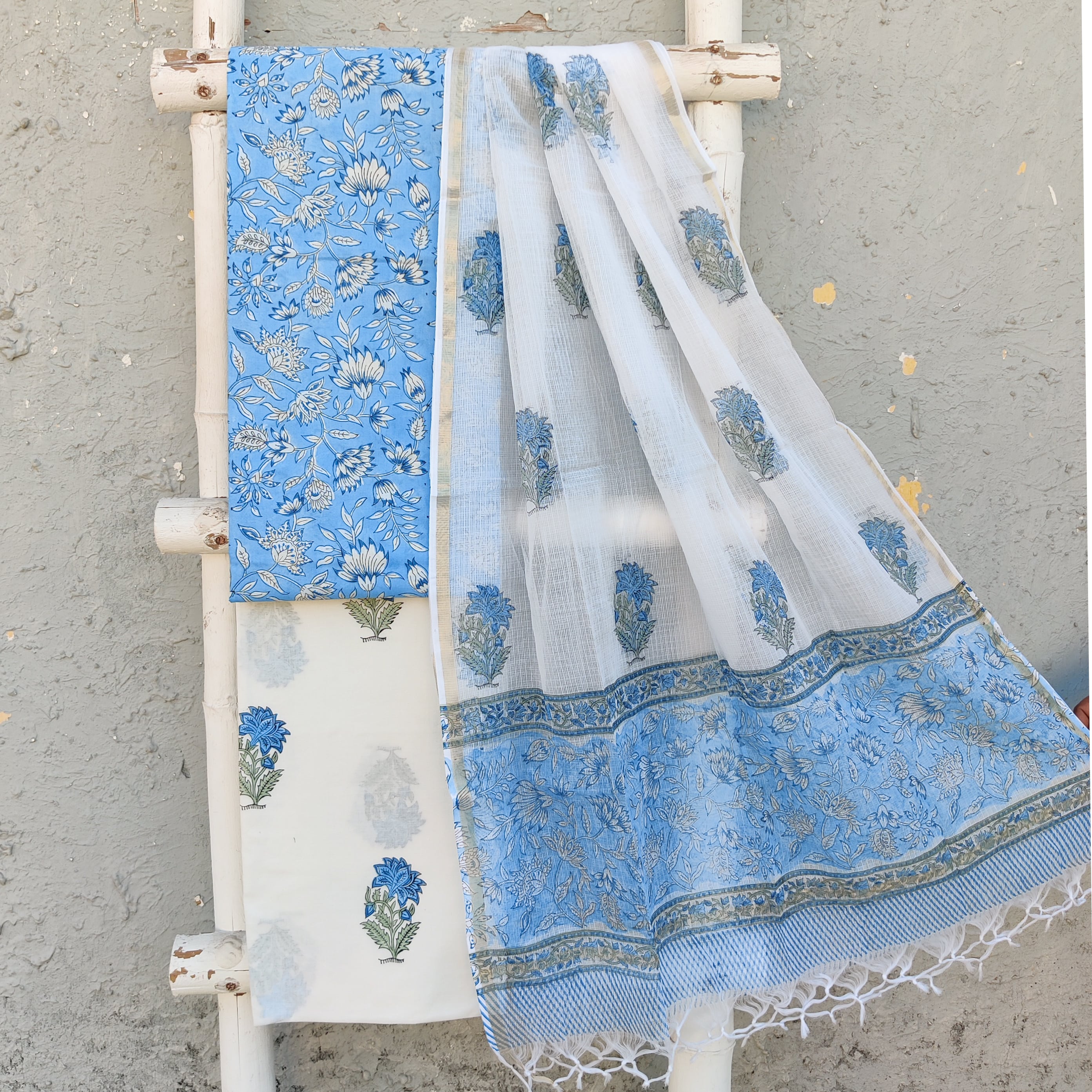 ROZANA - Pure Cotton Light Blue Jaipuri Jaal With White Pure Cotton Mu ...