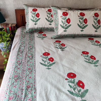 Red Poppy Garden Pure Cotton Jaipuri Double Bedsheet