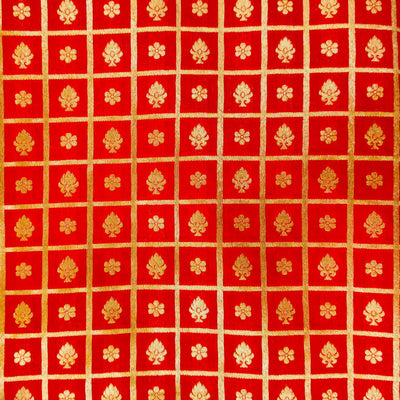 Pre-cut 2.30 meter Red Brocade With Gold Woven Checks With Tiny Motifs Hand Woven Banarasi Fabric