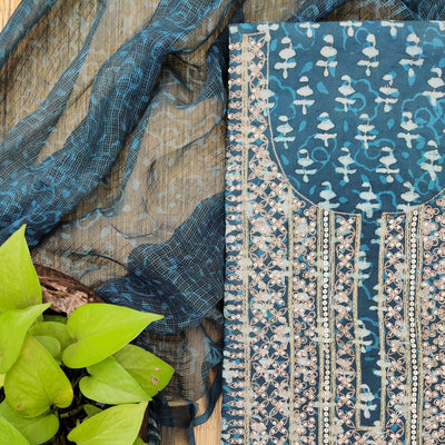 SAWAN- Pure Cotton Blue Dabu Kota Dupatta Suit Fabric With Zari Yoke