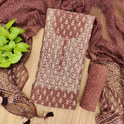 SAWAN- Pure Cotton Brown Dabu Kota Dupatta Suit Fabric With Zari Yoke