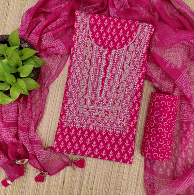 SAWAN- Pure Cotton Pink Dabu Kota Dupatta Suit Fabric With Zari Yoke