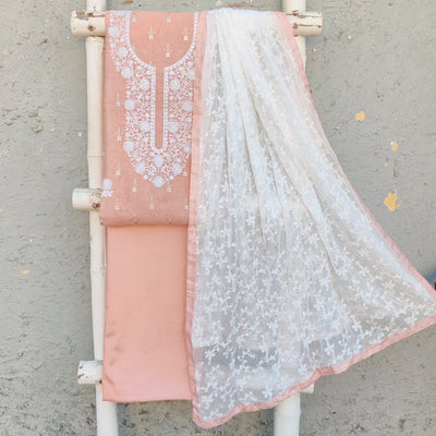 SAWARI - Cotton Silk Top With Embroidered Yoke Plain Satin Rayon Bottom And A Chiffon Aari Embroidered Dupatta