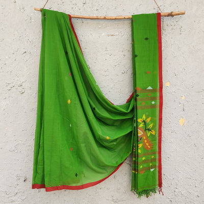 SHEVANTI - Green Pure Cotton Soft Jamdani Saree With Red Border