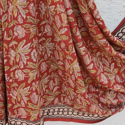 SWARA - Silk Kalamkari Brick Brown With Gokarna Floral Jaal Hand Block Print Saree