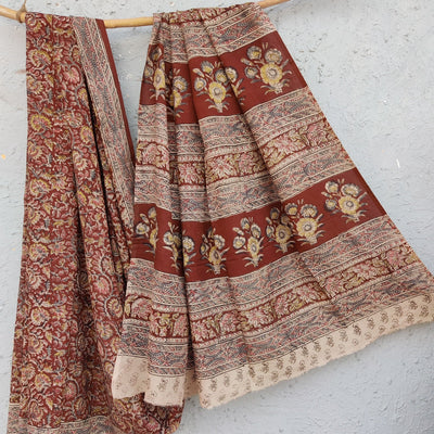 SWARA - Silk Kalamkari Brown Saree With Peach Mustard Wild Floral Jaal Hand Block Print Saree