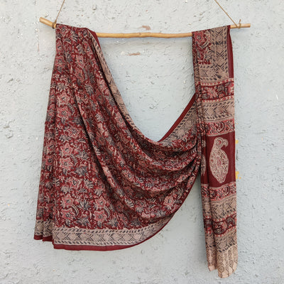 SWARA - Silk Kalamkari Brown With Floral Hand Block Print Saree