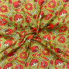 Satin Mehendi Green With Red Flower Jaal Screen Print Fabric