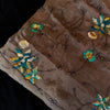 Silky Chinon Fabric With Aari And Blue Floral Embroidery Fabric