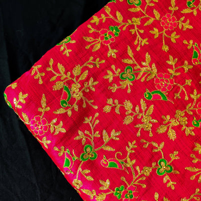 Slub Silk Pink With Parrot On Tree Jaal Embroiedered Fabric