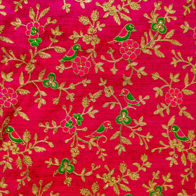 Slub Silk Pink With Parrot On Tree Jaal Embroiedered Fabric