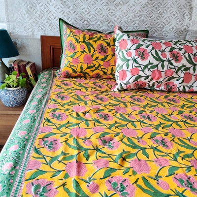 Spring Is Here Yellow Pure Cotton Jaipuri Double Bedsheet
