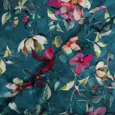 Surat Cotton Light Teal Blue With Deep Pink Flowers Abstract Digital Print Blouse Fabric ( 1 Meter )