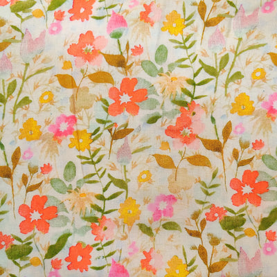 Surat Cotton Linen Textured With Orange Pink Floral Jaal Digitally Printed Blouse Fabric ( 1 Meter )