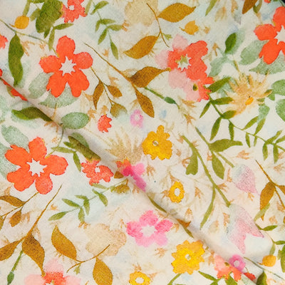 Surat Cotton Linen Textured With Orange Pink Floral Jaal Digitally Printed Fabric