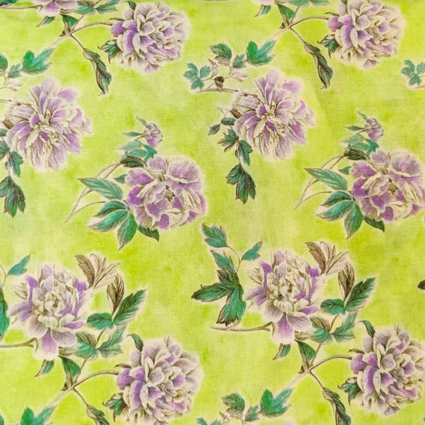 Pre-cut Surat Cotton Pastel Green With Purplish Flower Digital Print Fabric(2 meter)