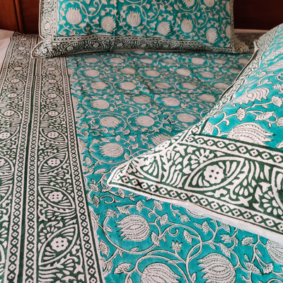 Sweet Lotus Green Blue Pure Cotton Jaipuri Double Bedsheet