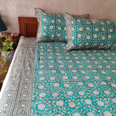 Sweet Lotus Green Blue Pure Cotton Jaipuri Double Bedsheet