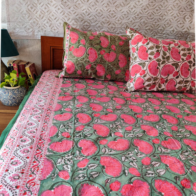 The Lotus Lake Green Pure Cotton Jaipuri Double Bedsheet