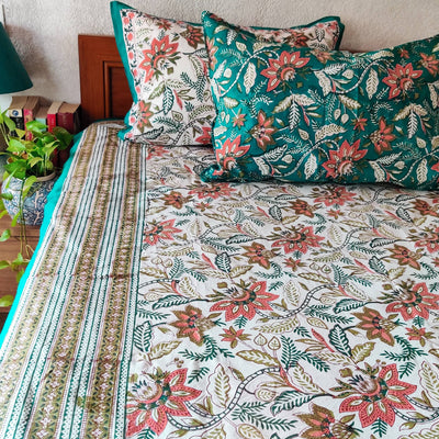 Tropical Lotus Whiite Pure Cotton Jaipuri Double Bedsheet