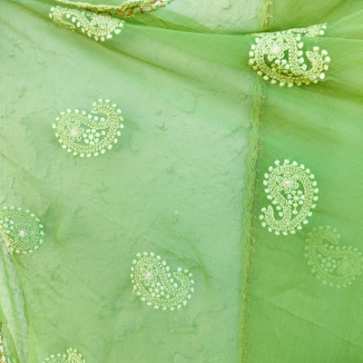 UMRAO - Pure Chiffon Lucknowi Hand  Embroiedered Pastel Green Dupatta With Embroiedered Border