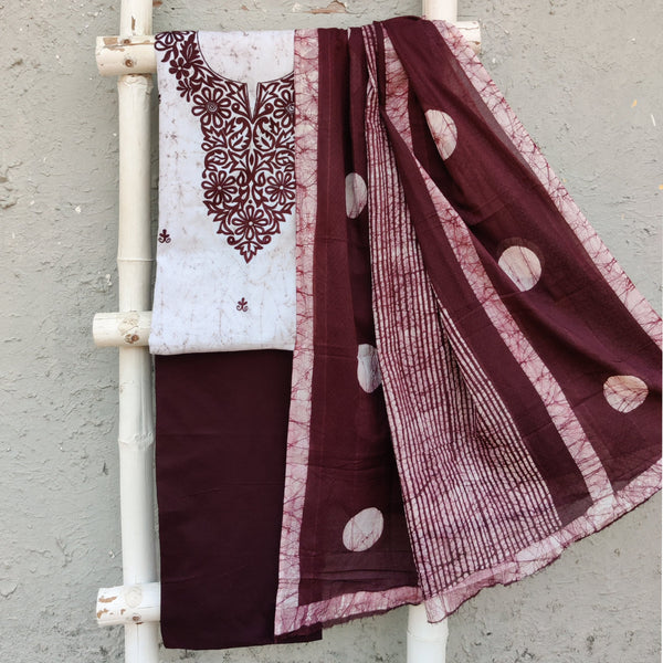 VATIKA - Pure Cotton Moum Batik Top With Beautiful Embroidered Yoke Plain Pure Cotton Bottom And A Printed Cotton Dupatta Brown