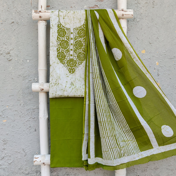 VATIKA - Pure Cotton Moum Batik Top With Beautiful Embroidered Yoke Plain Pure Cotton Bottom And A PrintedCotton Dupatta Green