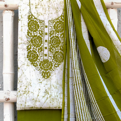 VATIKA - Pure Cotton Moum Batik Top With Beautiful Embroidered Yoke Plain Pure Cotton Bottom And A PrintedCotton Dupatta Green