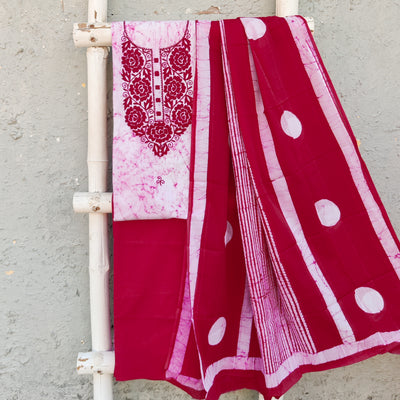VATIKA - Pure Cotton Moum Batik Top With Beautiful Embroidered Yoke Plain Pure Cotton Bottom And A PrintedCotton Dupatta Pink