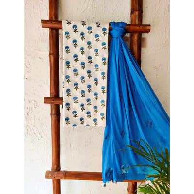 VEERA - Pure Cotton Jaipuri White With Blue Flower Motif Hand Block Print Fabric With A Light Blue Embroidered Chiffon Fabric