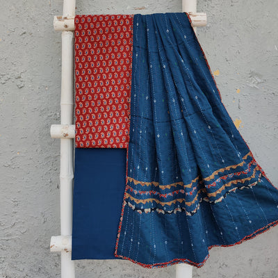 WHEN AJRAK MEETS KAATHA - Pure Cotton Rust Ajrak Top With Blue Bottom And A Blue Kaatha Dupatta