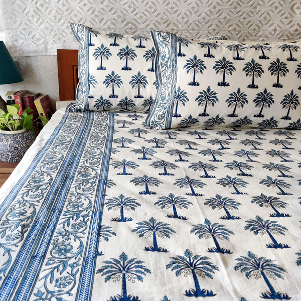 Whispering Palms Blue Pure Cotton Jaipuri Double Bedsheet