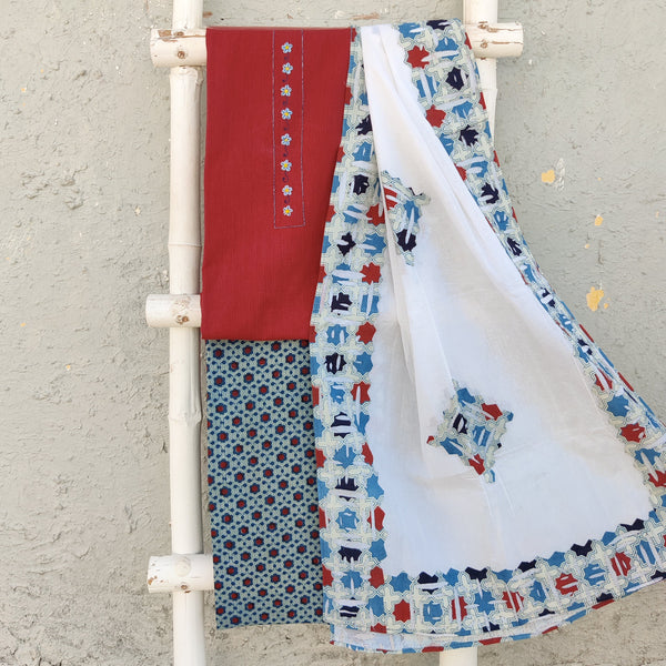 YESHVI - Pure Handloom Cotton With Embroidered Kurta Patti With Ajrak Printed Bottom And An Applique Work Dupatta