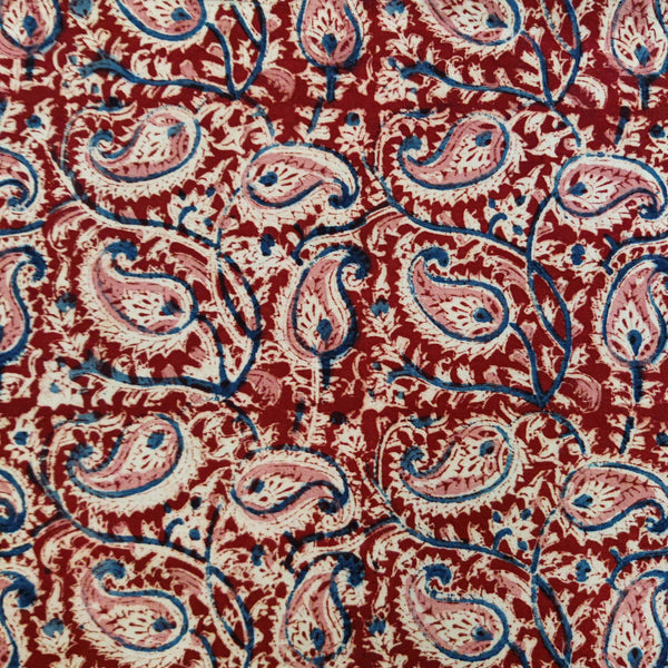 Blouse Piece 1 Meter Pure Cotton Kalamkari Red With Pink Blue Kairi Jaal Hand Block Print Fabric